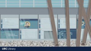 A graphic showing web browser screens superimposed on the windows of the Xwi7xwa Library building exterior