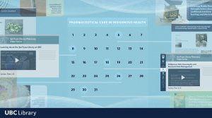 Graphic that includes a calendar and screenshots of Xwi7xwa Library's Pharmacy Video Series.