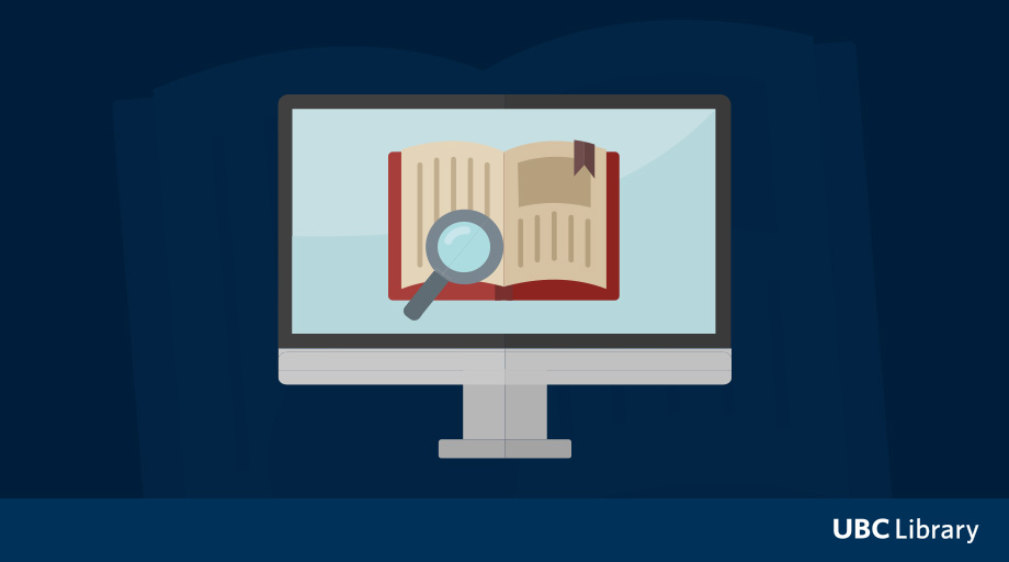 Graphic of a monitor showing a book and a magnifying glass