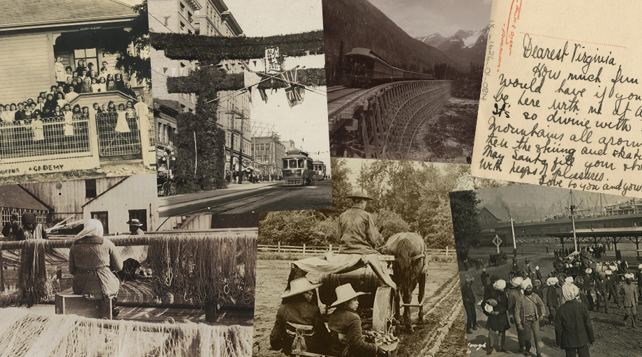 Collage of old photographs showing British Columbia history