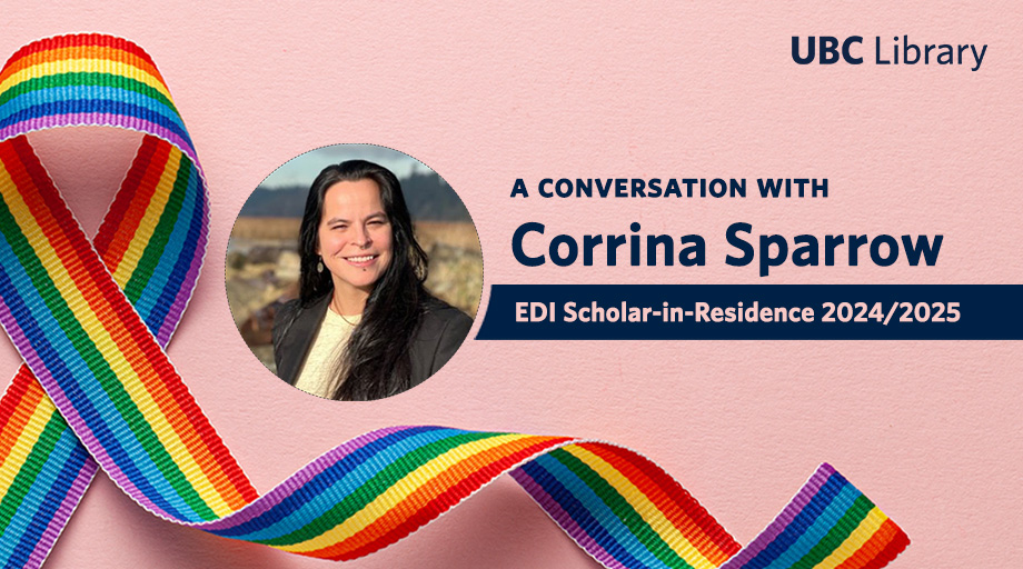 A graphic with a pink background and rainbow ribbon on the left, and a photo of Corrina Sparrow beside text that reads A Conversation with Corrina Sparrow, EDI Scholar-in-Residence 2024/25 on the right