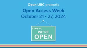 Graphic with a sign that says come in we're open, and text that reads Open UBC presents Open Access Week October 21 - 27, 2024